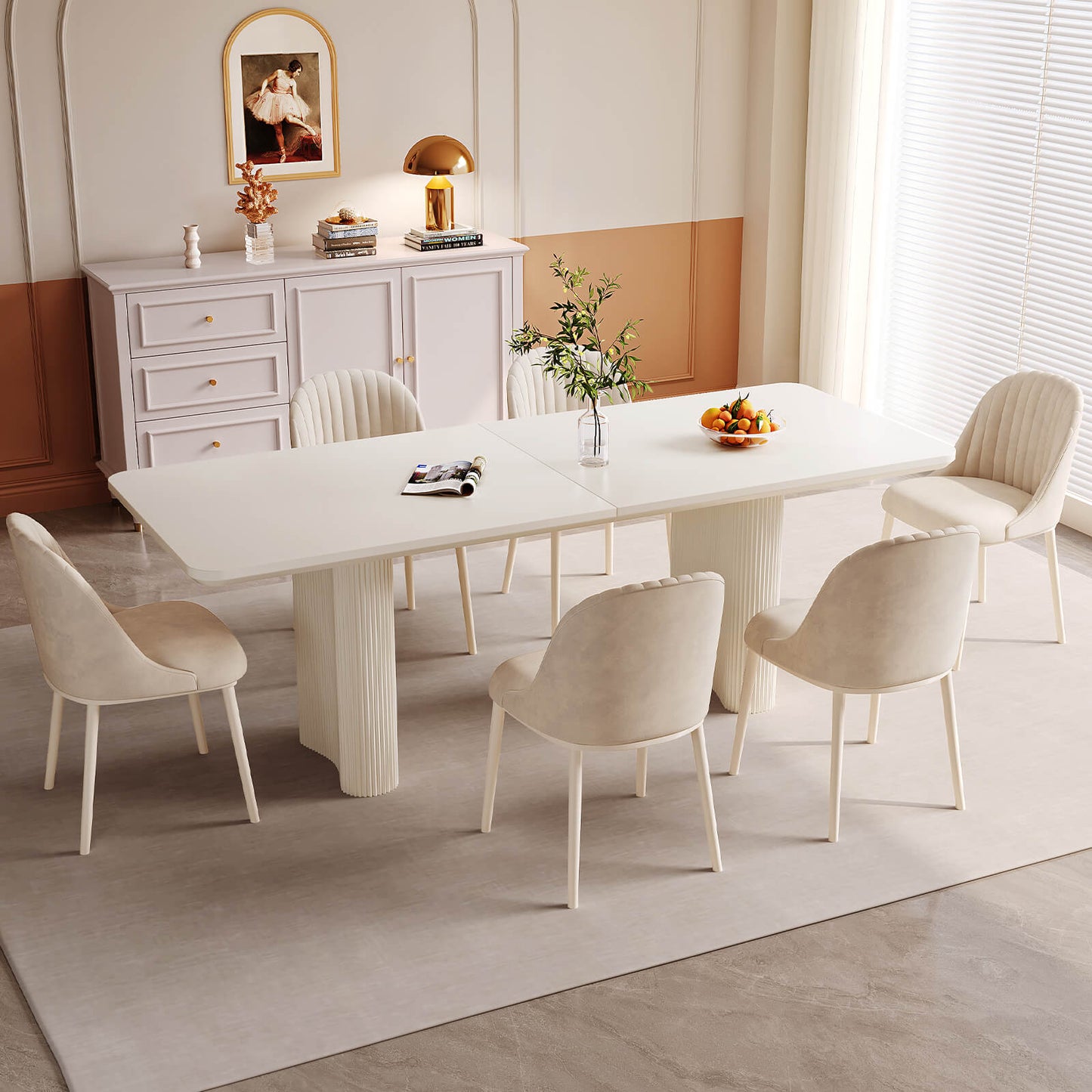 Guyii White Dining Table Set, Modern Rectangular Kitchen Table with 4-8 Chairs