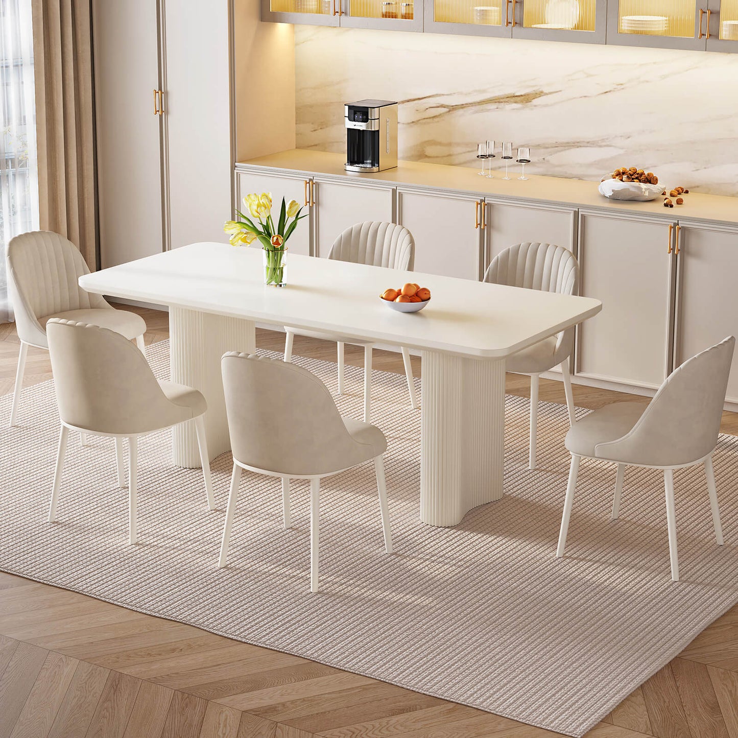 Guyii White Dining Table Set, Modern Rectangular Kitchen Table with 4-8 Chairs