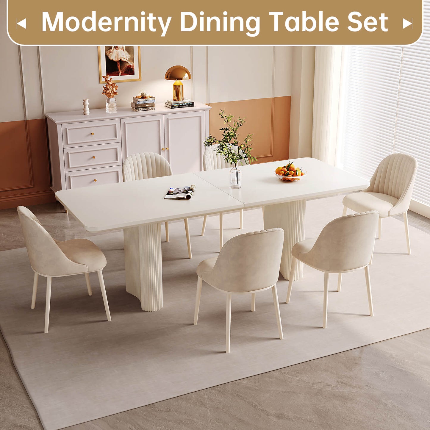 Guyii White Dining Table Set, Modern Rectangular Kitchen Table with 4-8 Chairs