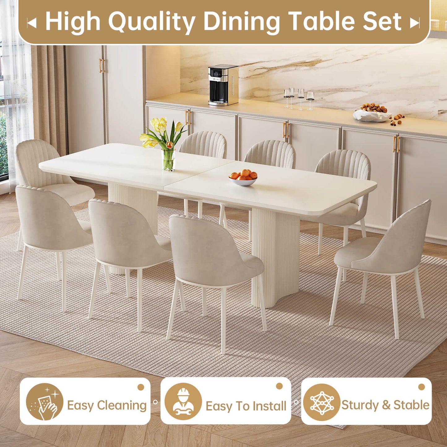 Guyii White Dining Table Set, Modern Rectangular Kitchen Table with 4-8 Chairs