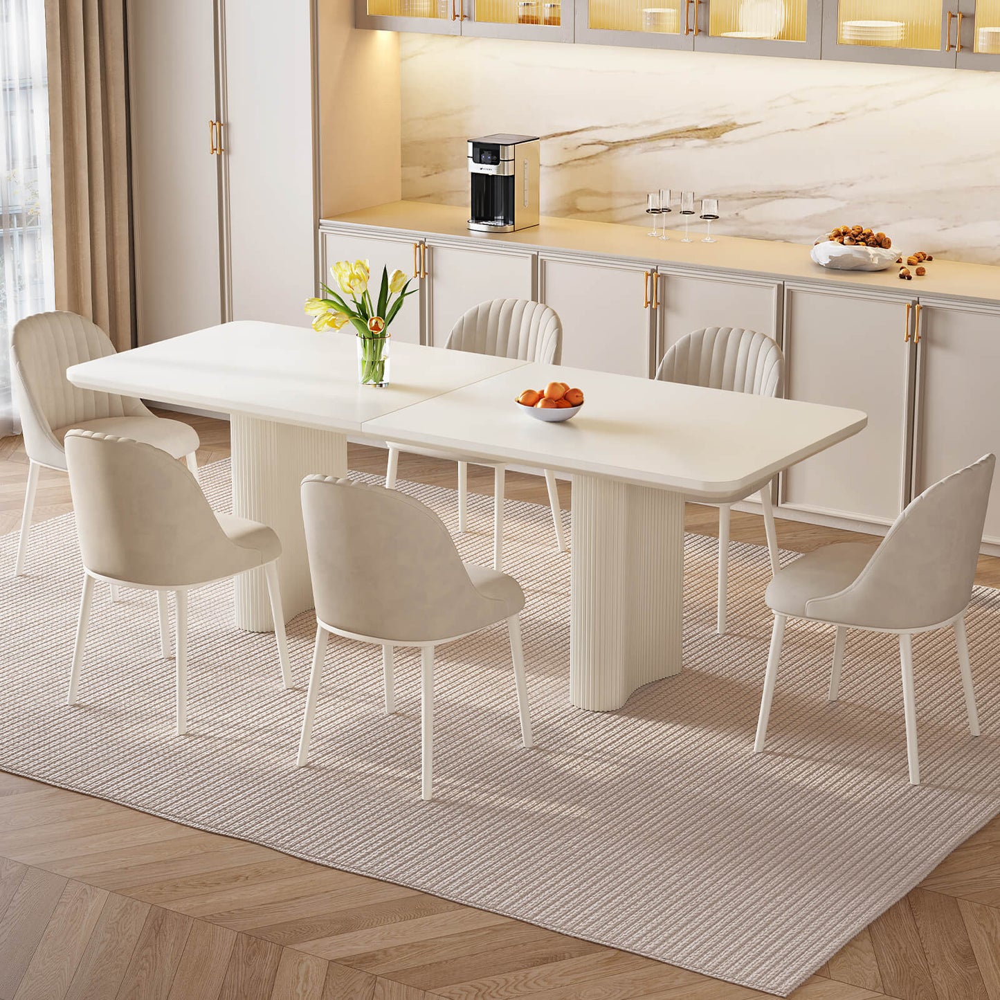 Guyii White Dining Table Set, Modern Rectangular Kitchen Table with 4-8 Chairs
