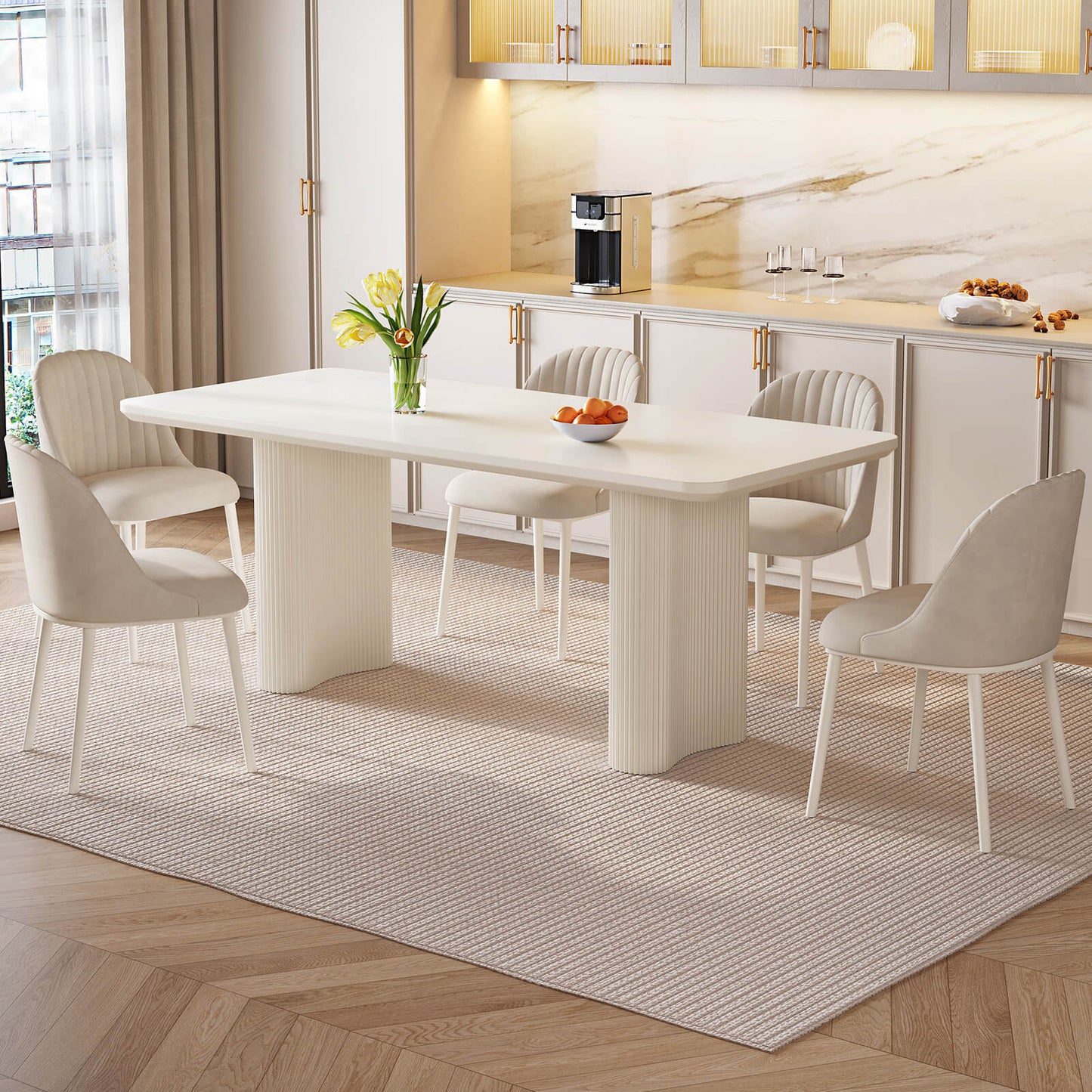 Guyii White Dining Table Set, Modern Rectangular Kitchen Table with 4-8 Chairs