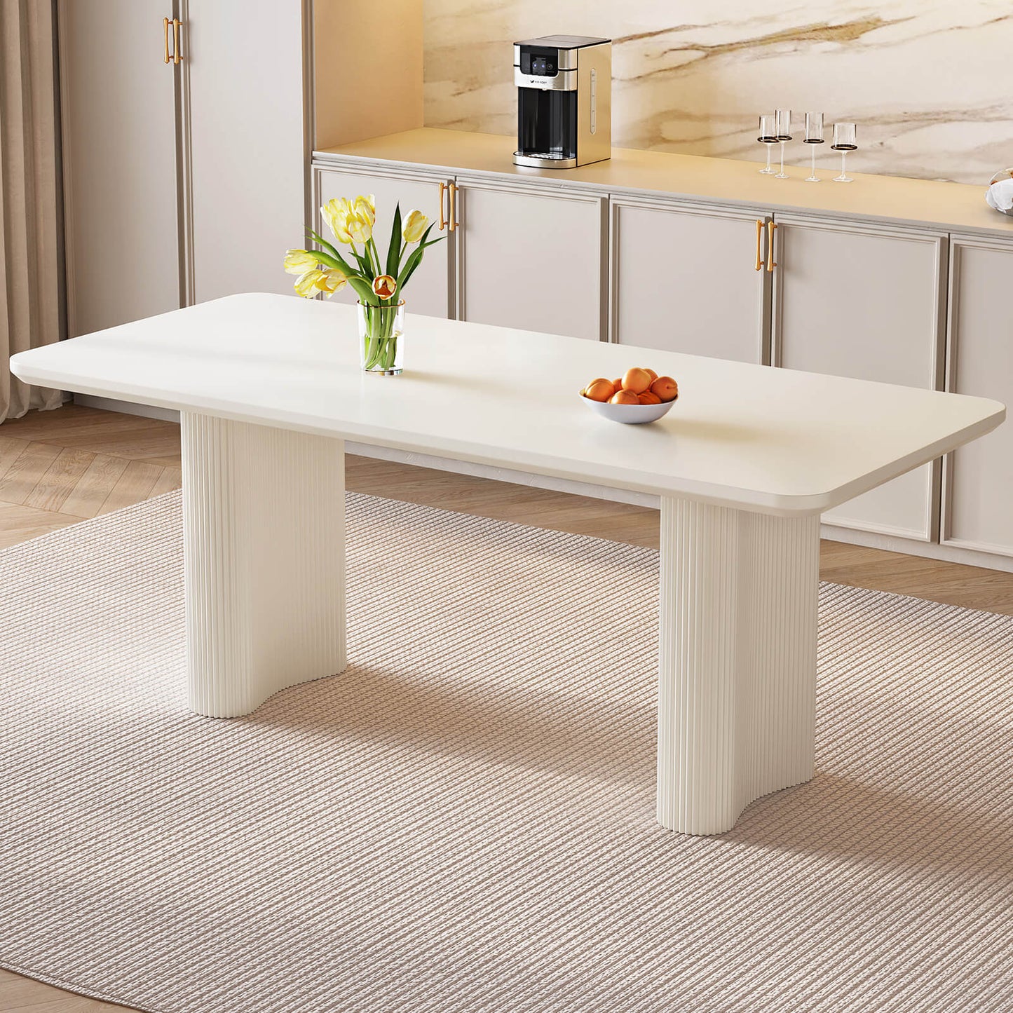 Guyii White Dining Table Set, Modern Rectangular Kitchen Table with 4-8 Chairs
