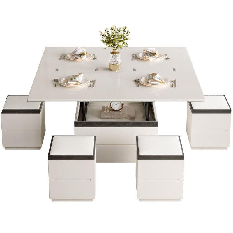 Guyii 47" White Lift Top Coffee Table with 4 Stools, Modern Convertible Coffee to Dining Table