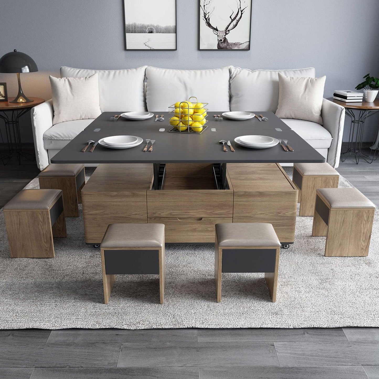 Guyii 47“ Multifunctional Lift-Top Coffee Table with 4 Stools, 3-in-1 Center Table