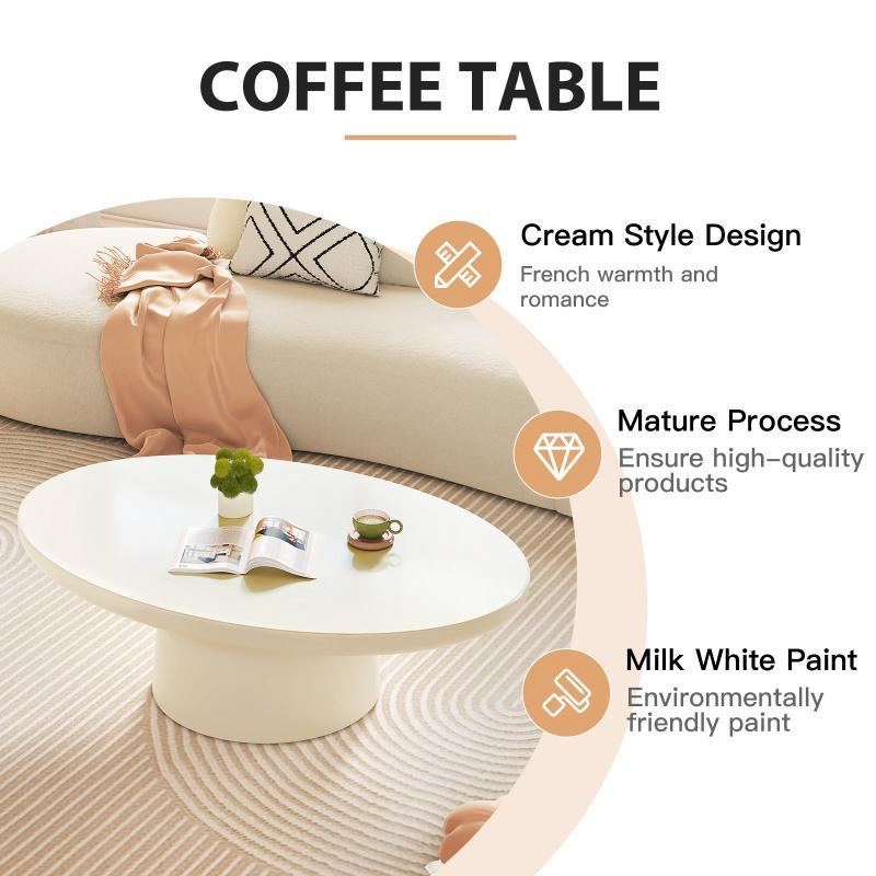Guyii Oval Coffee Table, Cream White Modern Center Table for Living Room