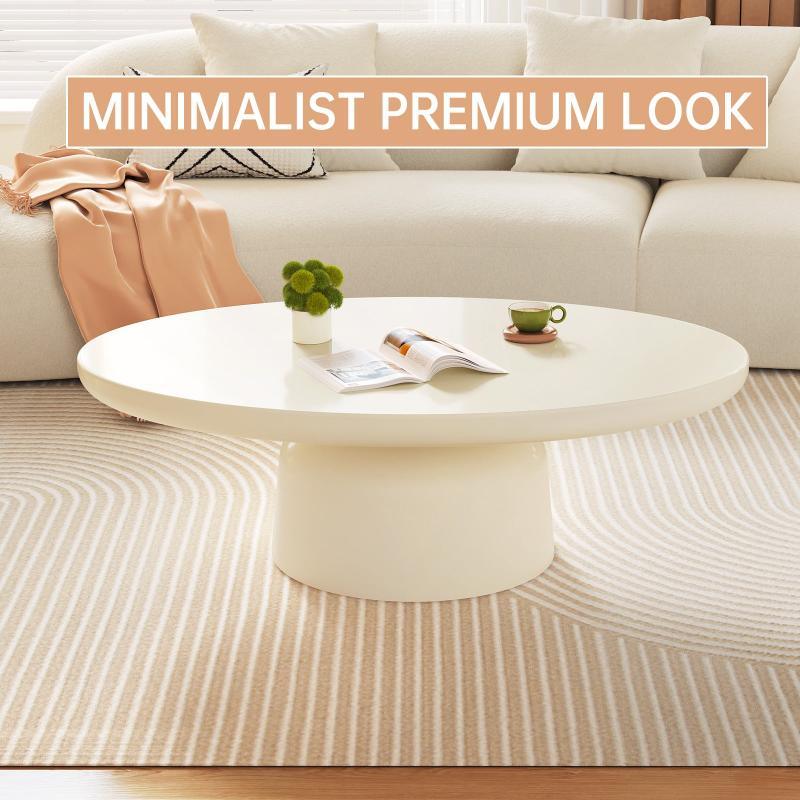 Guyii Oval Coffee Table, Cream White Modern Center Table for Living Room