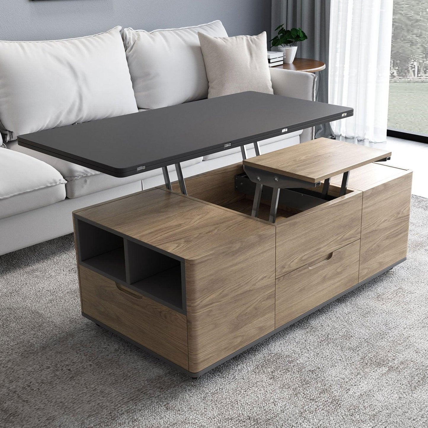 Guyii 47“ Multifunctional Lift-Top Coffee Table with 4 Stools, 3-in-1 Center Table