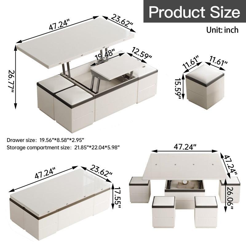 Guyii 47" White Lift Top Coffee Table with 4 Stools, Modern Convertible Coffee to Dining Table