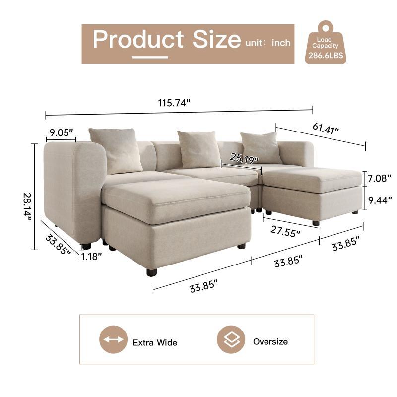 Guyii Velvet Sectional Sofa, Modern Oversized 4-9 Seater with Pillows and Storage Footstool