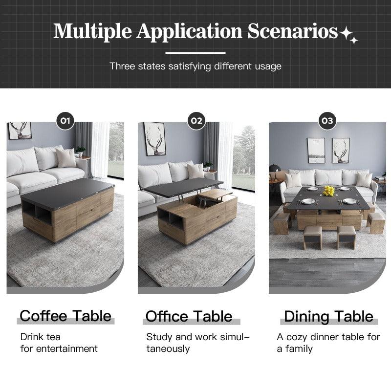 Guyii 47“ Multifunctional Lift-Top Coffee Table with 4 Stools, 3-in-1 Center Table