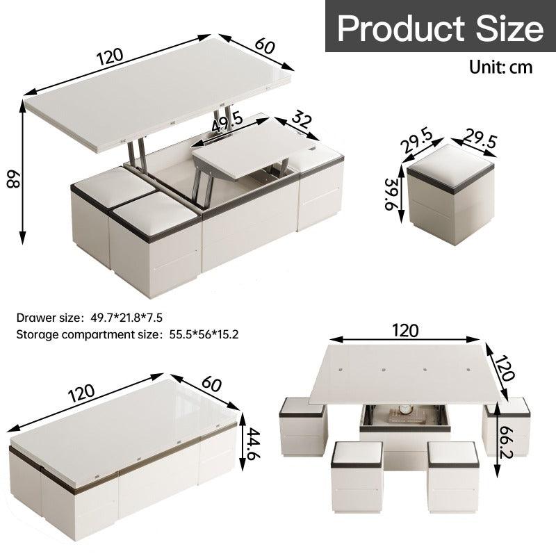 Guyii 47" White Lift Top Coffee Table with 4 Stools, Modern Convertible Coffee to Dining Table