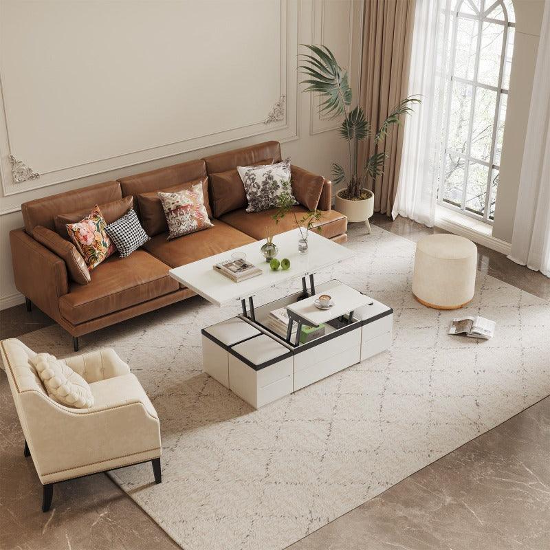 Guyii 47" White Lift Top Coffee Table with 4 Stools, Modern Convertible Coffee to Dining Table