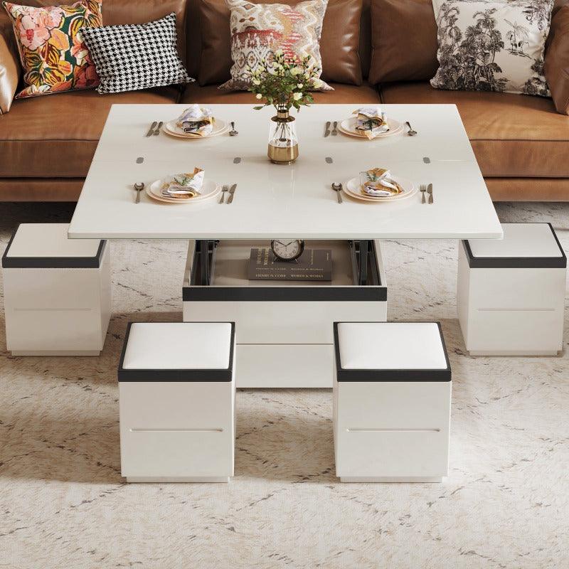 Guyii 47" White Lift Top Coffee Table with 4 Stools, Modern Convertible Coffee to Dining Table