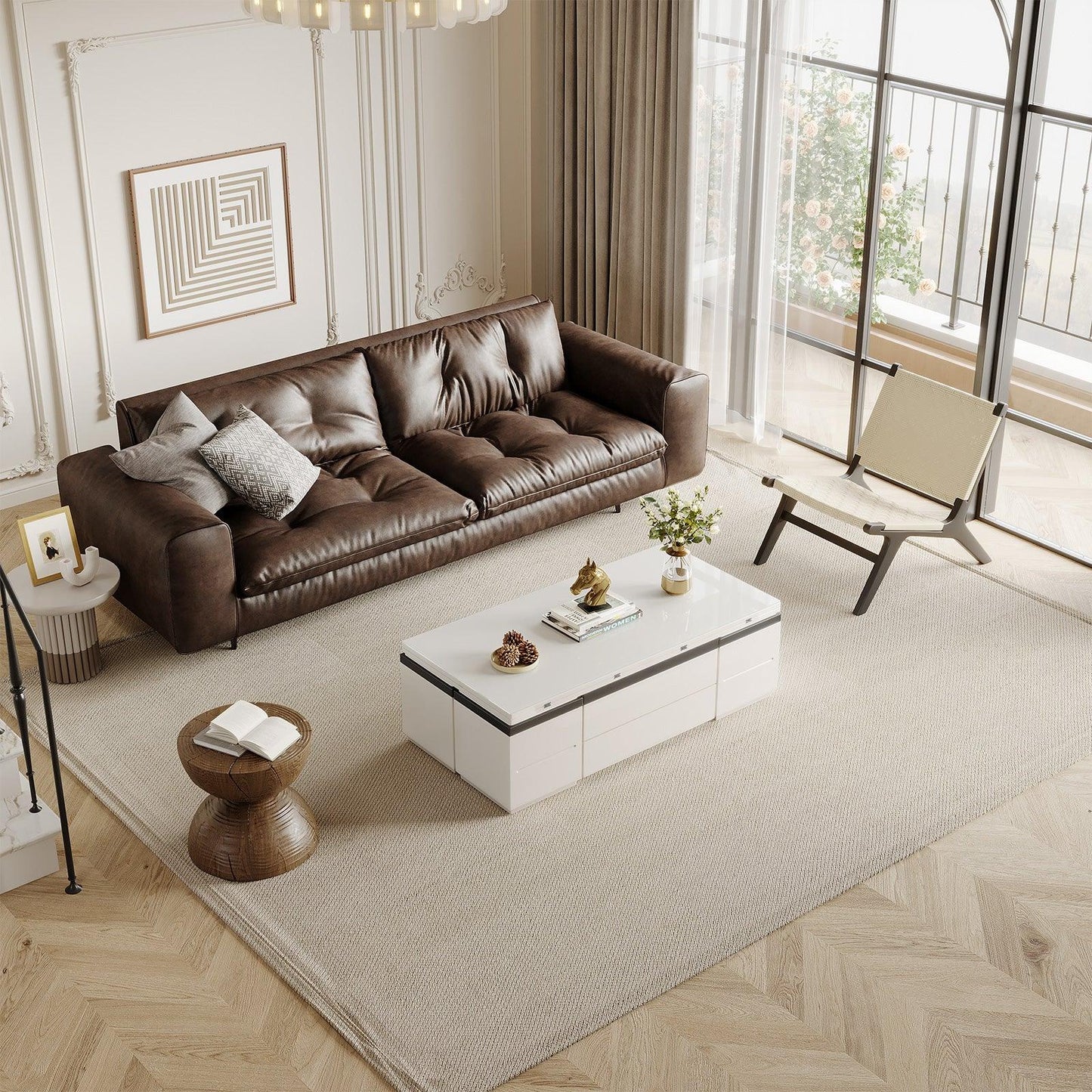 Guyii 47" White Lift Top Coffee Table with 4 Stools, Modern Convertible Coffee to Dining Table
