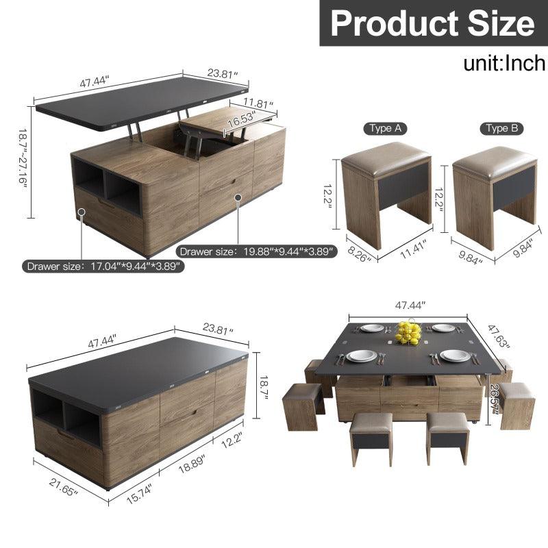 Guyii 47“ Multifunctional Lift-Top Coffee Table with 4 Stools, 3-in-1 Center Table