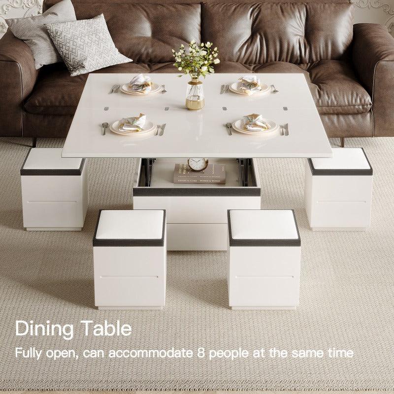 Guyii 47" White Lift Top Coffee Table with 4 Stools, Modern Convertible Coffee to Dining Table