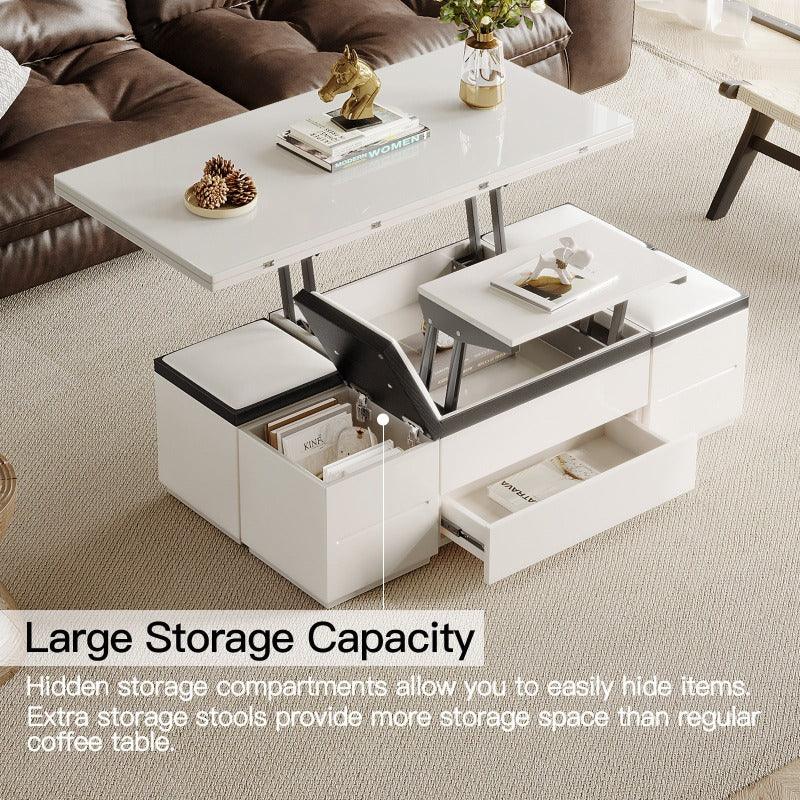 Guyii 47" White Lift Top Coffee Table with 4 Stools, Modern Convertible Coffee to Dining Table