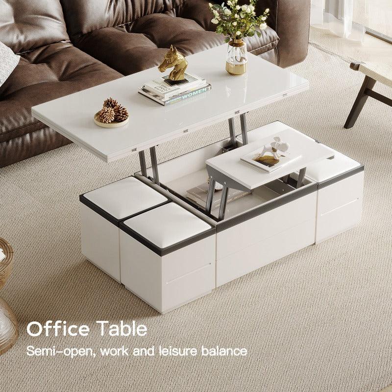 Guyii 47" White Lift Top Coffee Table with 4 Stools, Modern Convertible Coffee to Dining Table