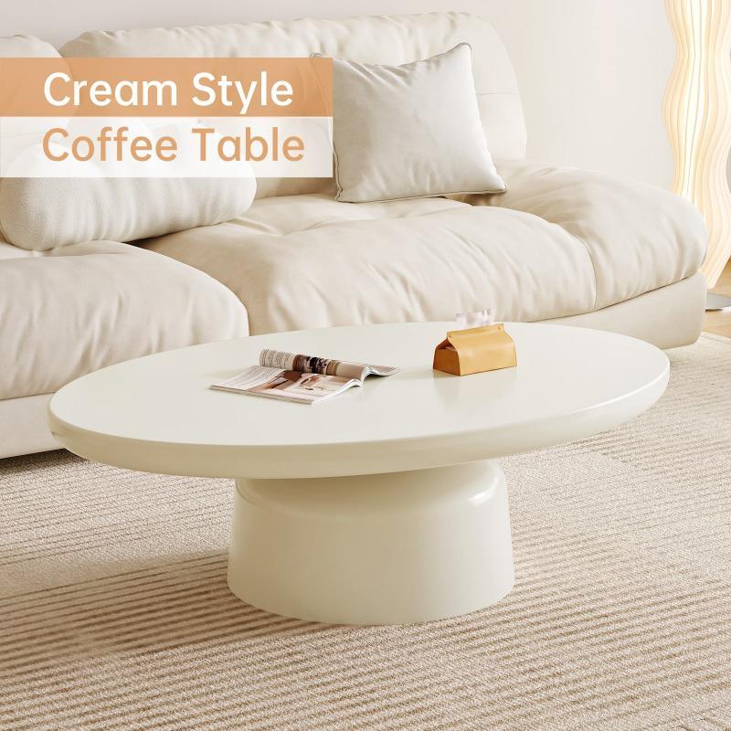 Guyii Oval Coffee Table, Cream White Modern Center Table for Living Room