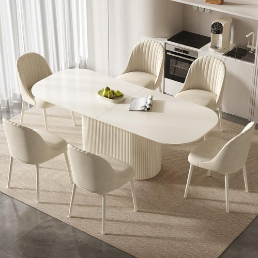 Guyii 86.61" Oval Dining Table Set with 6 Chairs, Modern Kitchen Dining Set, Cream White