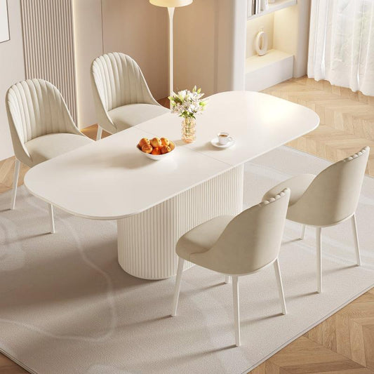 Guyii 86.61" Oval Dining Table Set with 4 Chairs, Modern Kitchen Dining Set, Cream White