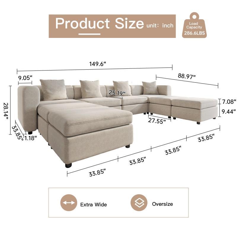 Guyii Velvet Sectional Sofa, Modern Oversized 4-9 Seater with Pillows and Storage Footstool