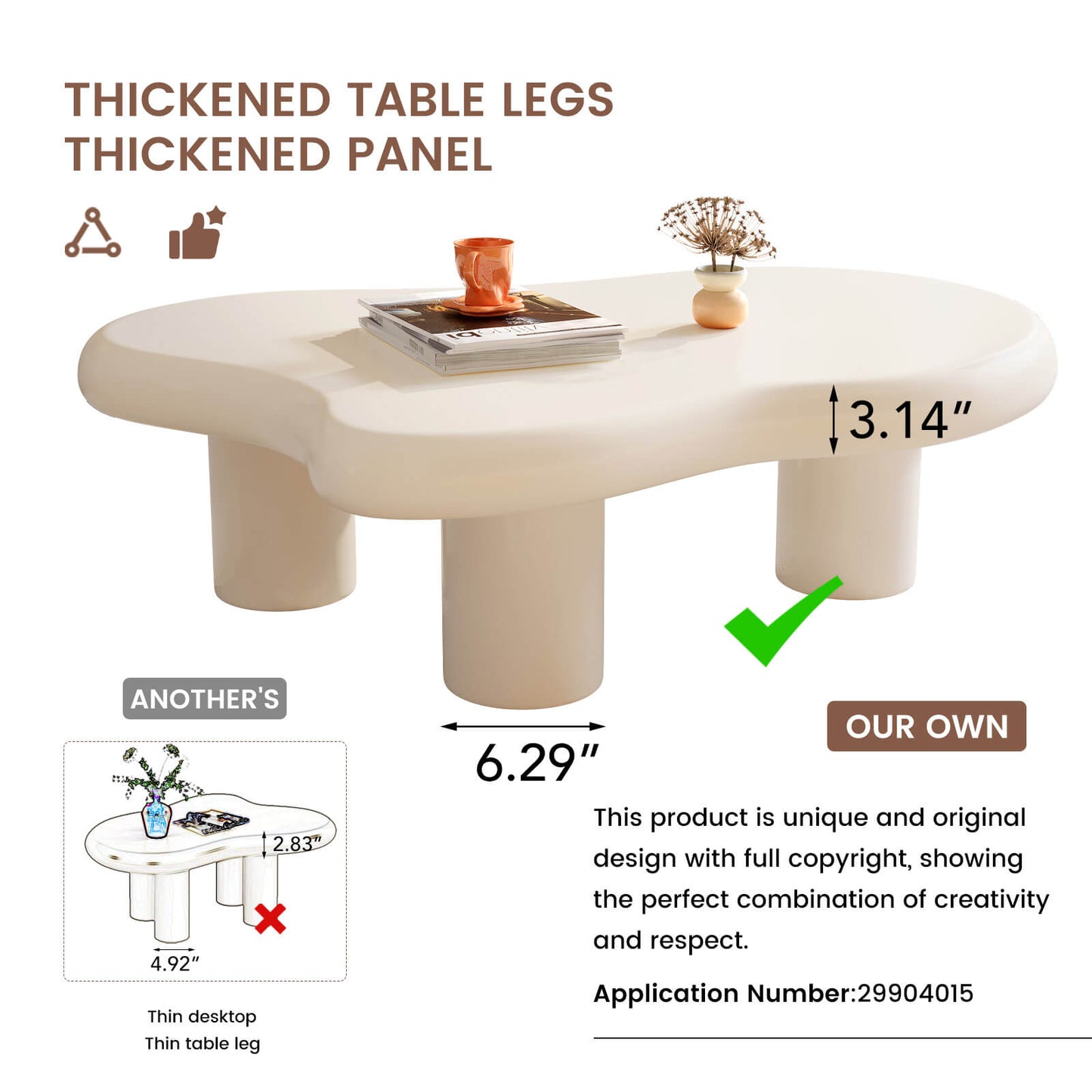 Guyii 41.02" White Cloud Coffee Table, Cute Modern Coffee Table with 3-Leg Design-Q1522DE