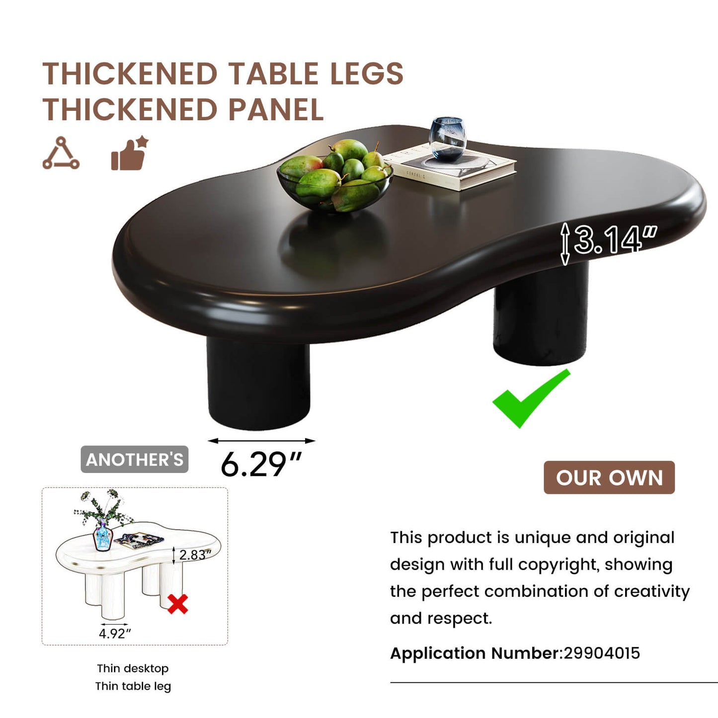Guyii 46.06" Black Cloud Coffee Table, Cute Modern Coffee Table with 3-Leg Design