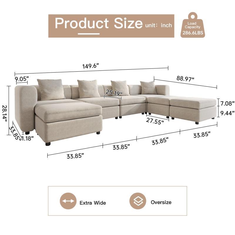 Guyii Velvet Sectional Sofa, Modern Oversized 4-9 Seater with Pillows and Storage Footstool