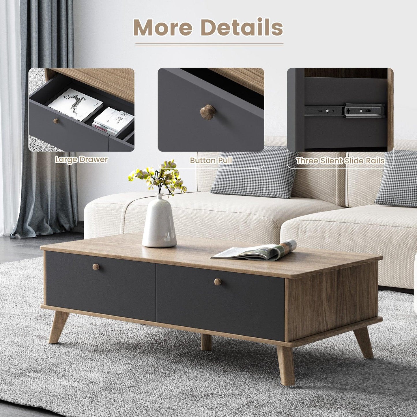 Guyii Coffee Table with Storage Drawer, Mid-Century Modern Tea Table for Living Room