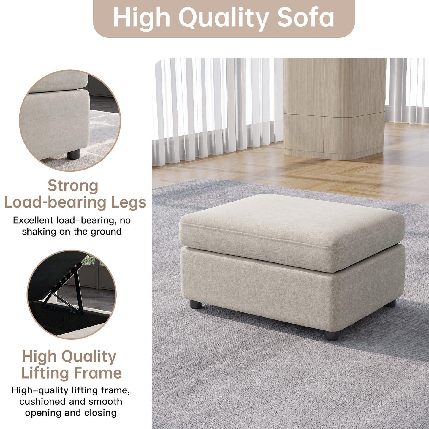 Guyii Sofa Ottoman, Storage Footrest for Sectional Sofa, Rectangular Couch Ottoman