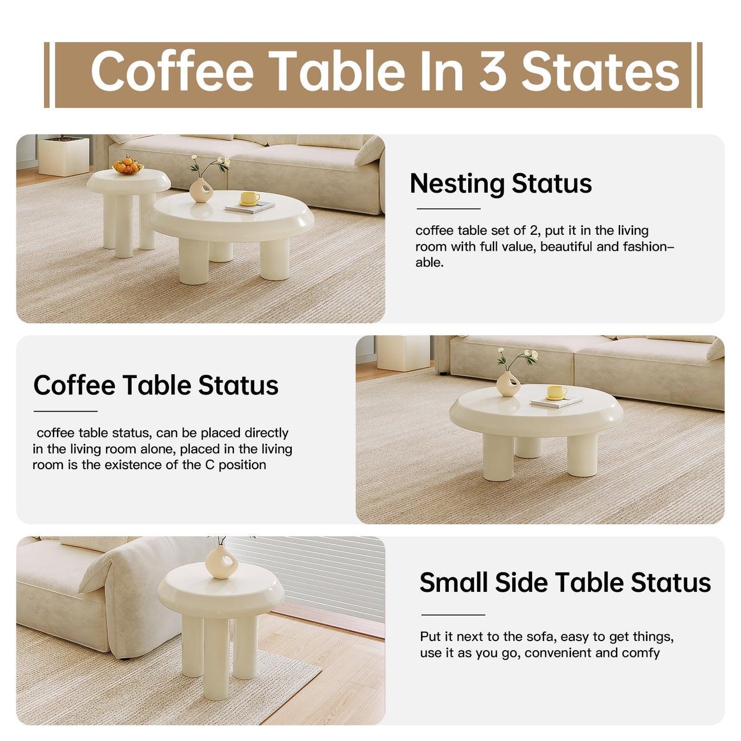 Guyii Modern Nesting Coffee Table Set – Round Coffee Tables for Living Room, Bedroom, and Small Spaces