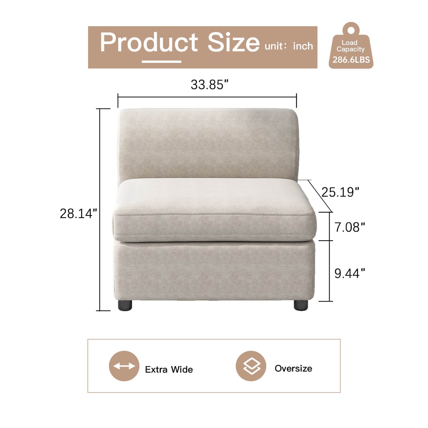Guyii Beige Velvet Sectional Sofa, Modern Oversized 4-Seater Couch with 3 Pillows and 1 Storage Ottoman
