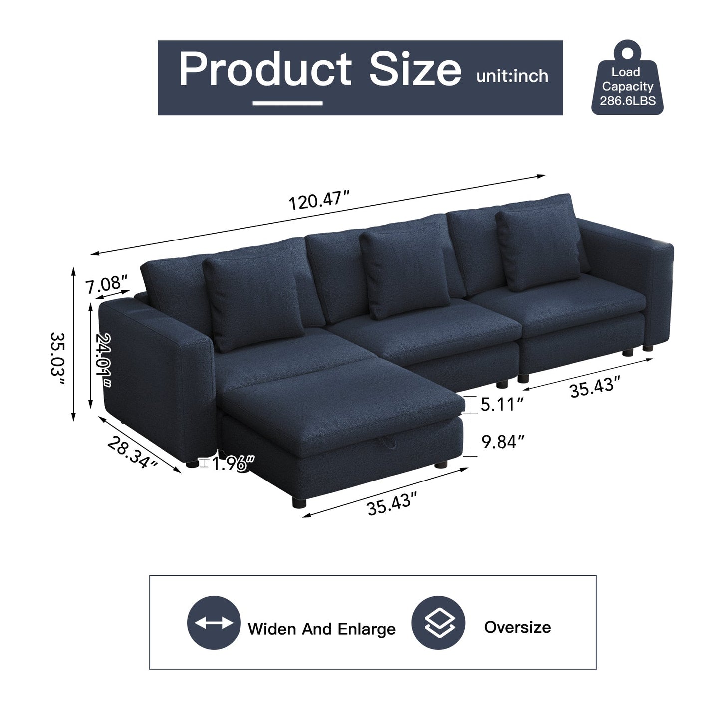 Guyii Oversized Sectional Sofa with Storage Ottoman, 4-9 Deep Seat Modular Couch for Living Room, Blue Fabric