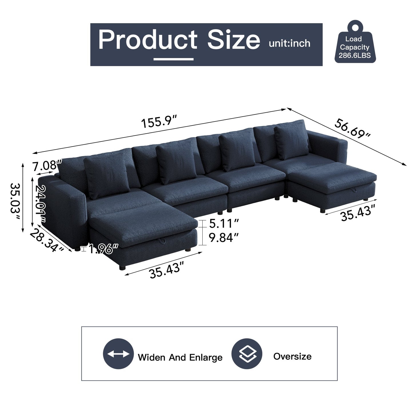 Guyii Oversized Sectional Sofa with Storage Ottoman, 4-9 Deep Seat Modular Couch for Living Room, Blue Fabric