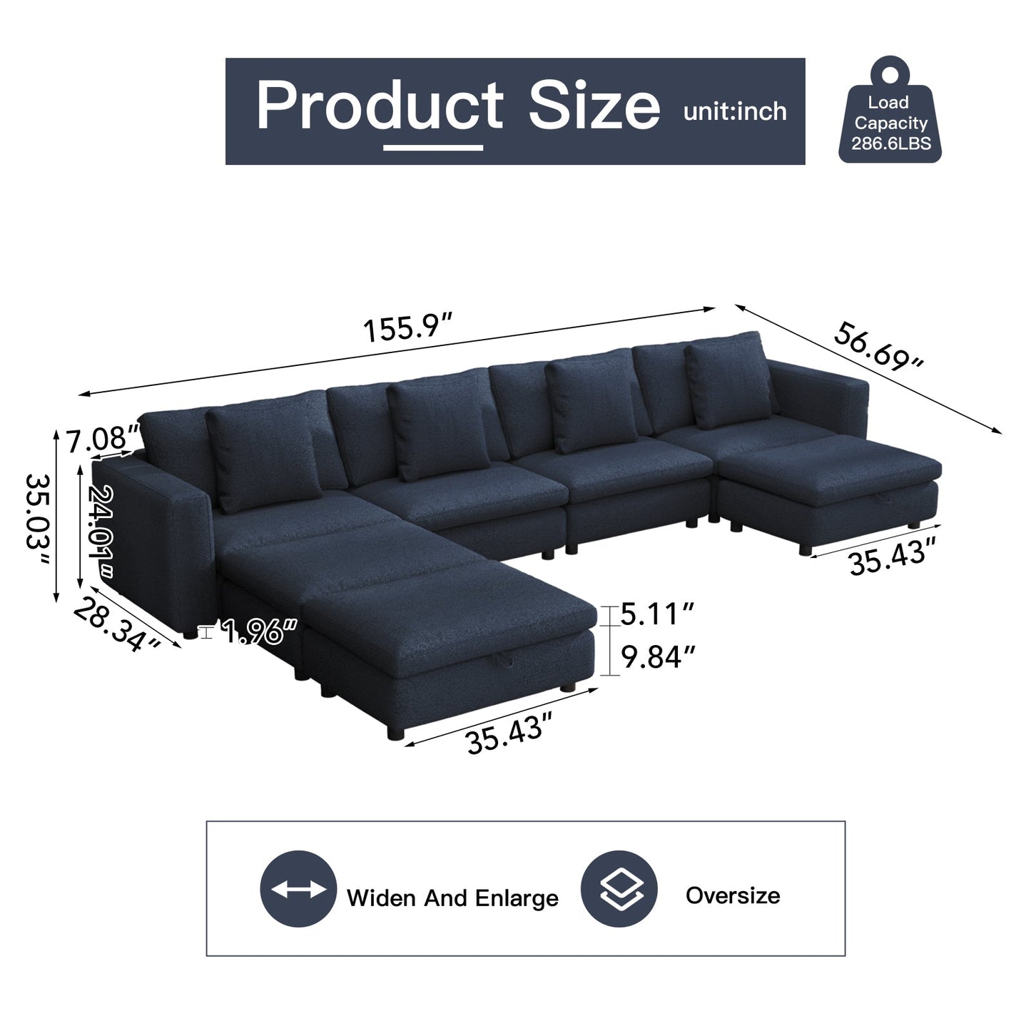 Guyii Oversized Sectional Sofa with Storage Ottoman, 4-9 Deep Seat Modular Couch for Living Room, Blue Fabric