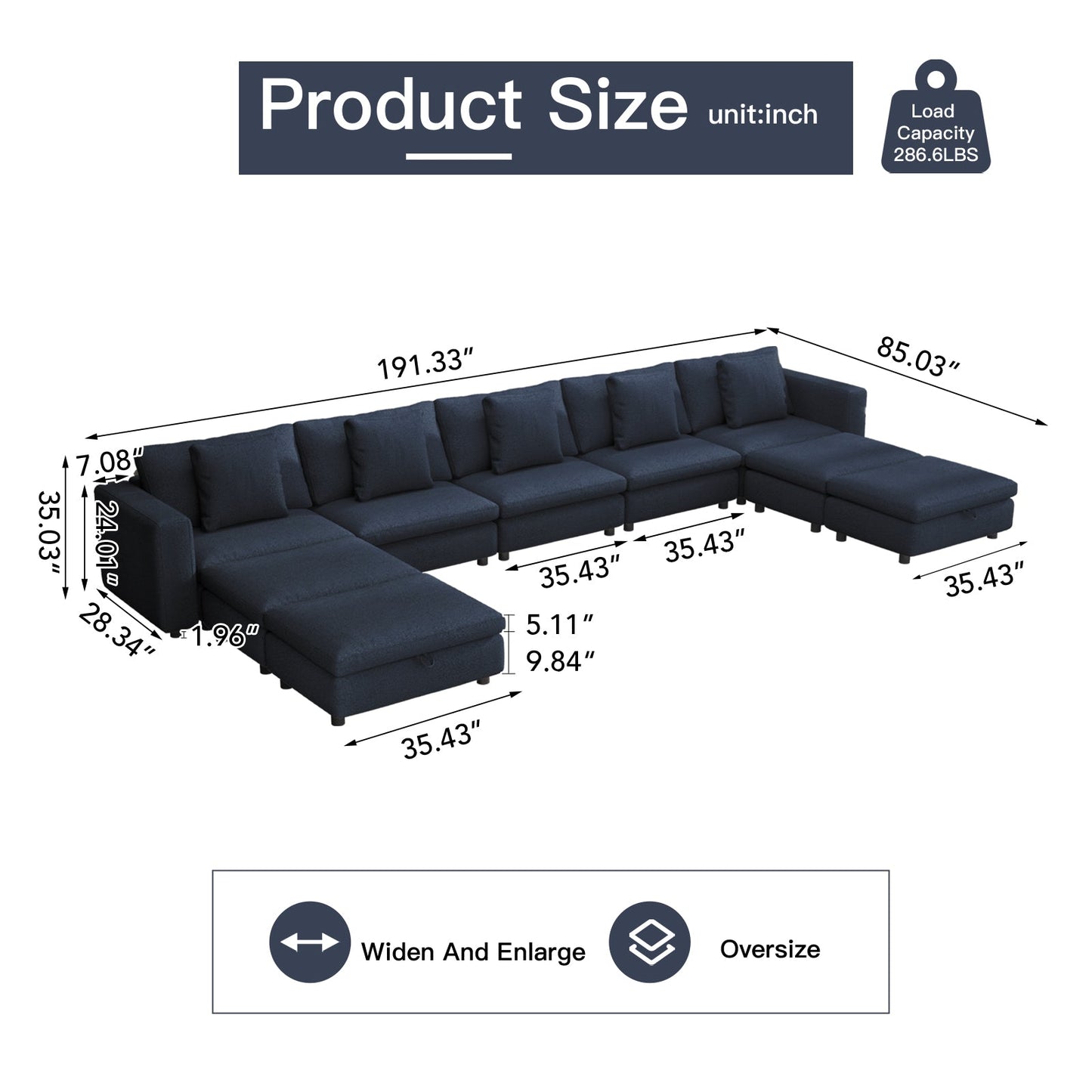 Guyii Oversized Sectional Sofa with Storage Ottoman, 4-9 Deep Seat Modular Couch for Living Room, Blue Fabric